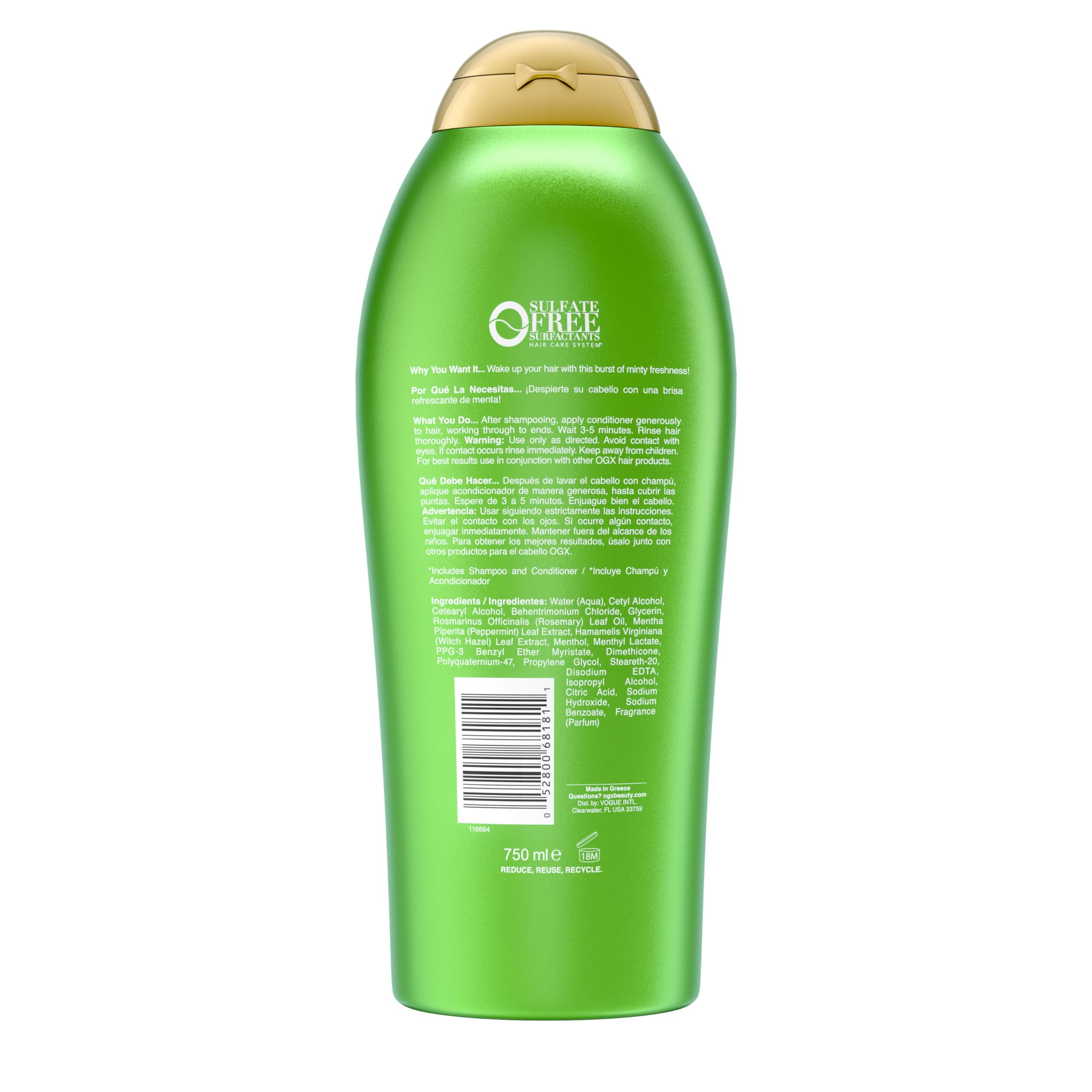 OGX Extra Strength Refreshing Scalp + Rosemary Mint Conditioner, Nourishing Conditioner Infused with Rosemary Mint for Shiny, Healthy-Looking Hair, Sulfate-Free Surfactants, 25.4 fl. Oz